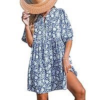 CUPSHE Women's Floral Mini Beach Dress V Neck Puff Half Sleeve A Line Casual Summer Dresses