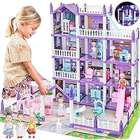 4 Stories Big Doll House 7-8, Dream Dollhouse with Furniture Accessories, 3 Dolls, Lights, Toddler Doll Houses for 4-5 Years Old Girls Boys Pretend Cottage Toy House Gift for Kids 3+