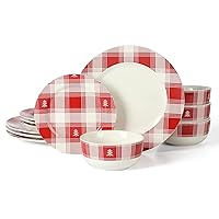 Martha Stewart Plaid Decorated Red and White Stoneware Dinnerware Set, Service for 4 (12pcs)