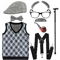Kids 100 Days of School Costume for Boys - Halloween Old Man Costume Hat, Glasses and Grandpa Vest Set for Child,LightGrey2-6