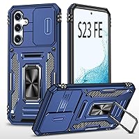 Samsung Galaxy S23 FE 5G Phone Case with Slide Camera Cover Ring Stand Magnetic Kickstand S 23 EF 23FE S23FE Slim Heavy Duty Shockproof Protective Military Grade Cases Cover Blue