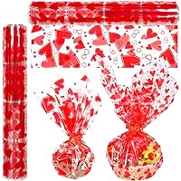 DIYASY Cellophane Wrap Roll Hearts Design, 100’ Ft. X 32” in. Valentine's Day Cellophane Bags 2.3 Mil Thick Valentines Crystal Clear with Red Hearts for Flower Gift Basket Wrapping
