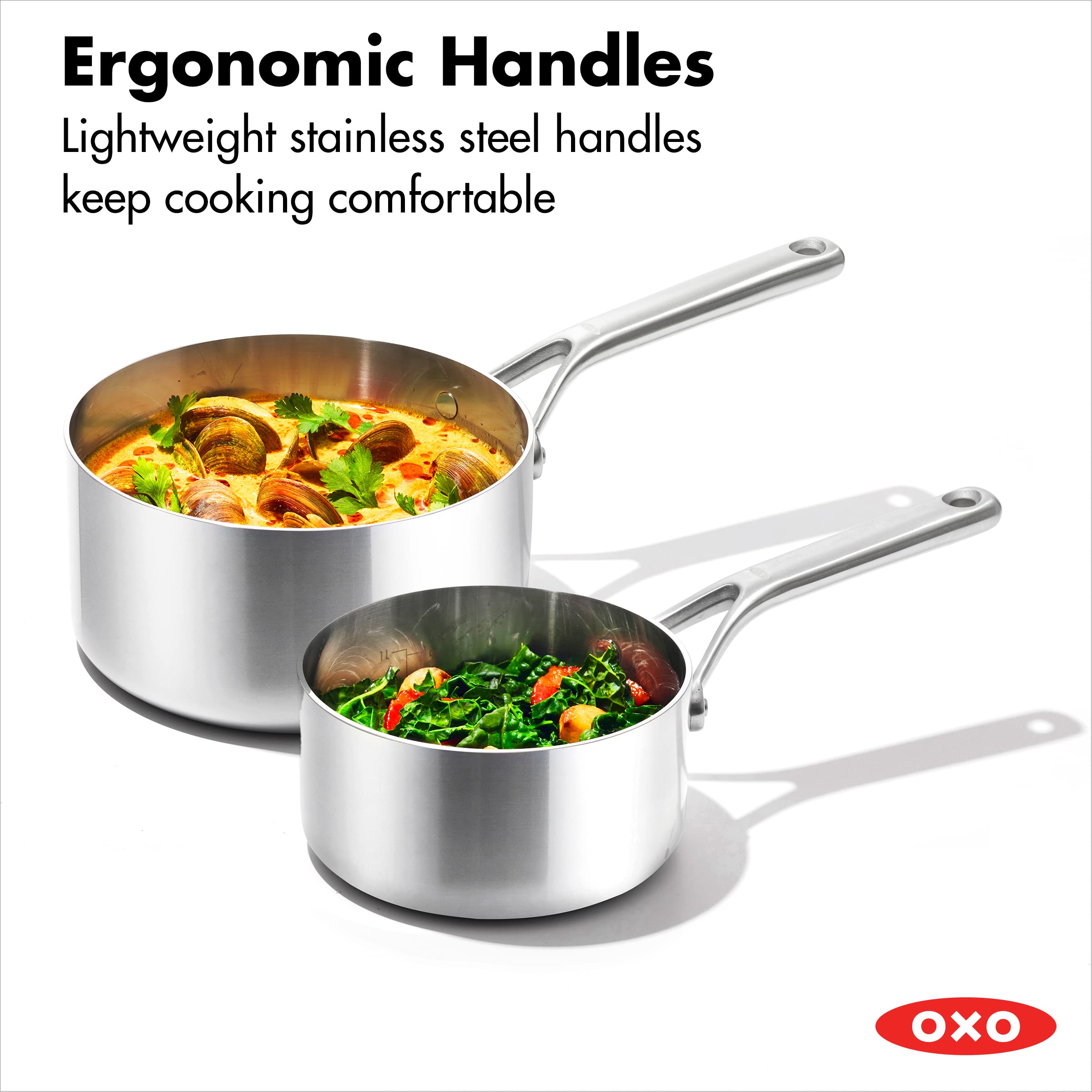 OXO Mira Tri-Ply Stainless Steel, 1.5QT and 3QT Saucepan Pot Set with Lids, Induction, Multi Clad, Dishwasher and Metal Utensil Safe