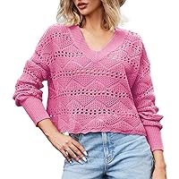 Women's Long Sleeve Loose Fit Casual Sweaters V Neck Crochet Hollow Out Diamond Knit Fashion Pullover Jumper Tops