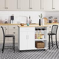 Shintenchi Kitchen Island Cart with Storage,Rolling Kitchen Island Side Table on Wheels with Large Worktop,Storage Cabinet,Towel Rack and Drawers for Kitchen,Dinning Room, White