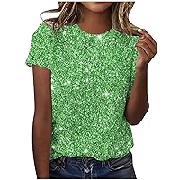 Womens Summer Tops Casual Fashion Glitter Printed T-Shirt Plus Size Crewneck Loose Fit Tunic Tee Crewneck Blouse