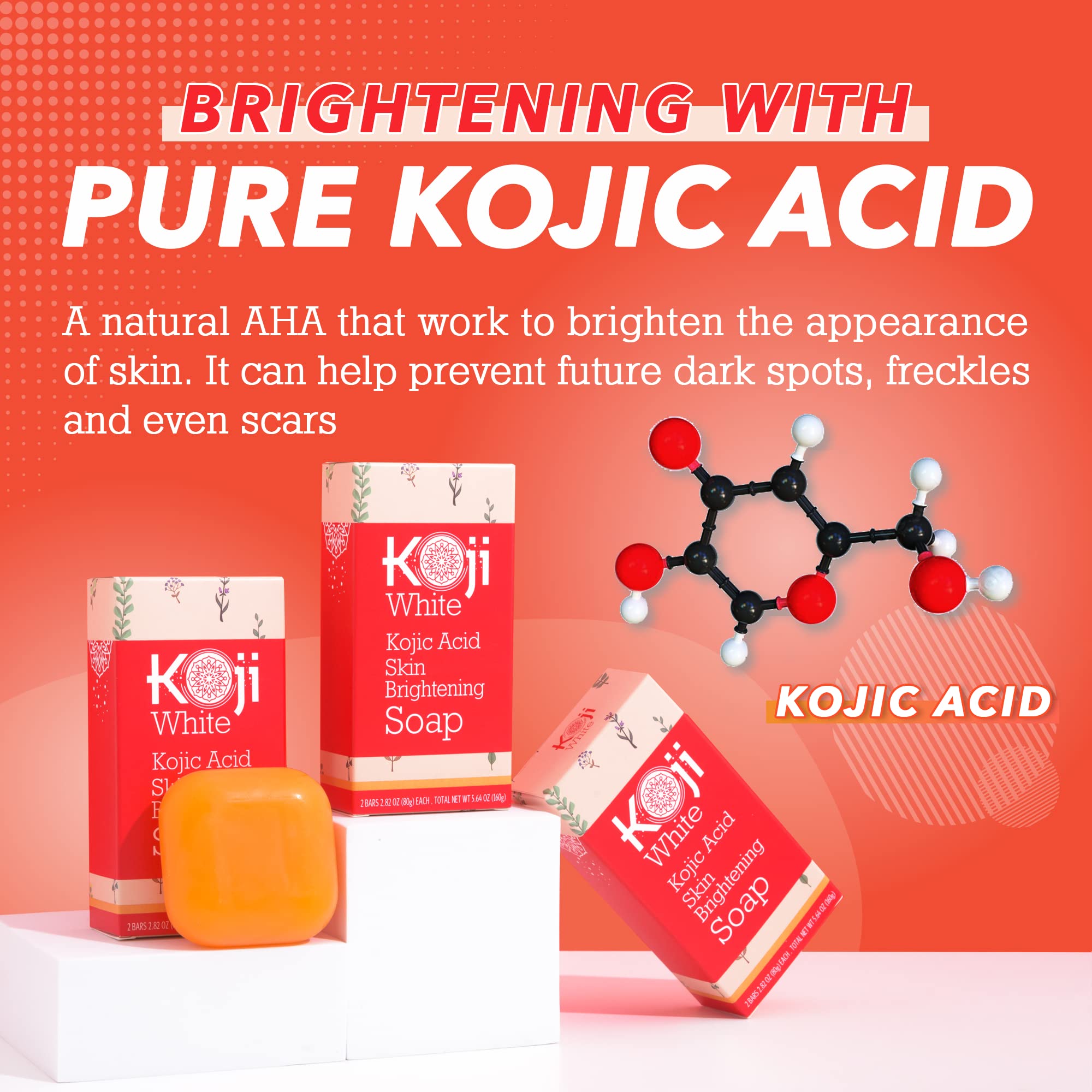 Pure Kojic Acid Skin Brightening Soap for Dark Spot & Glowing Skin, Moisturizing for Face & Body, Acne Scars, Melasma, Uneven Skin Tone with Tea Tree, Coconut Oil, Vegan Soap 2.82 oz (2 Bars)