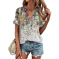 Womens T-Shirt Casual Deep V Neck Short Sleeve Shirt Button Loose Fit Tops Summer Graphic Tees