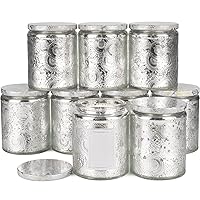 8oz Embossed Glass Candle Container with Tin Lid and Labels (Shining Silver)