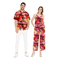 Matchable Couple Hawaiian Luau Shirt or V-Neck Jumpsuit with Pockets in Sunset Red