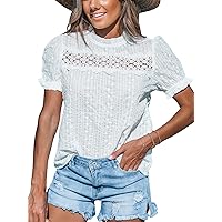 CUPSHE Women Tops Ruffled Embroidered Puff Sleeve Tee Lace Shirt High Neck Blouses Casual Dressy
