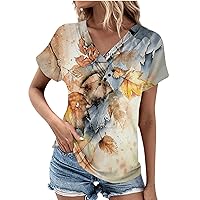 Women's Summer Bohemian Shirt,Floral Graphic Short Sleeve V-Neck Button-Down T-Shirt Plus Size Casual Dressy Shirt