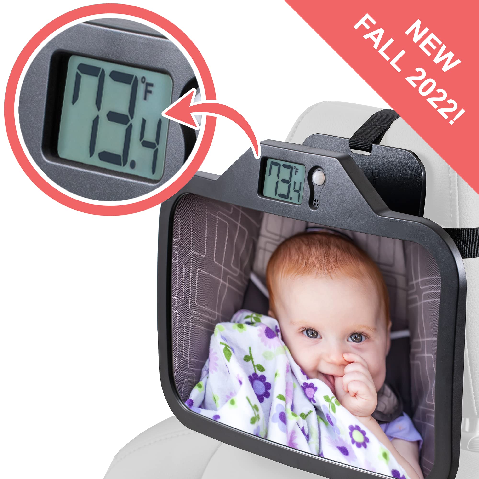 TherMOMirror Baby Car Seat Mirror with Temperature Display for Rear Facing Infant | Newborn Essential Must Have for Baby | Baby Registry Gift | Wide View | Shatterproof | 4 Color Options (Black)
