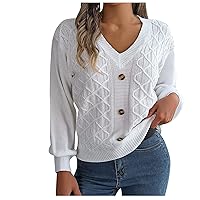 Women's V Neck Sweater Lantern Sleeve Loose Knitted Blouse Tops Trendy Fall Sweaters Cable Knit Pullover Jumper