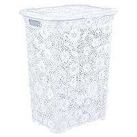 Superio Laundry Hamper with Lid White, 50 Liter Large Lace Hamper Basket, Dirty Cloths Storage with Cutout Handles, for Landry Room, Bedroom, and Bathroom