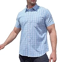 Mens Button Down Short Sleeve Shirt Collared Plaid Classic Stretch Poplin Business Casual Summer Tropical Beach Tops