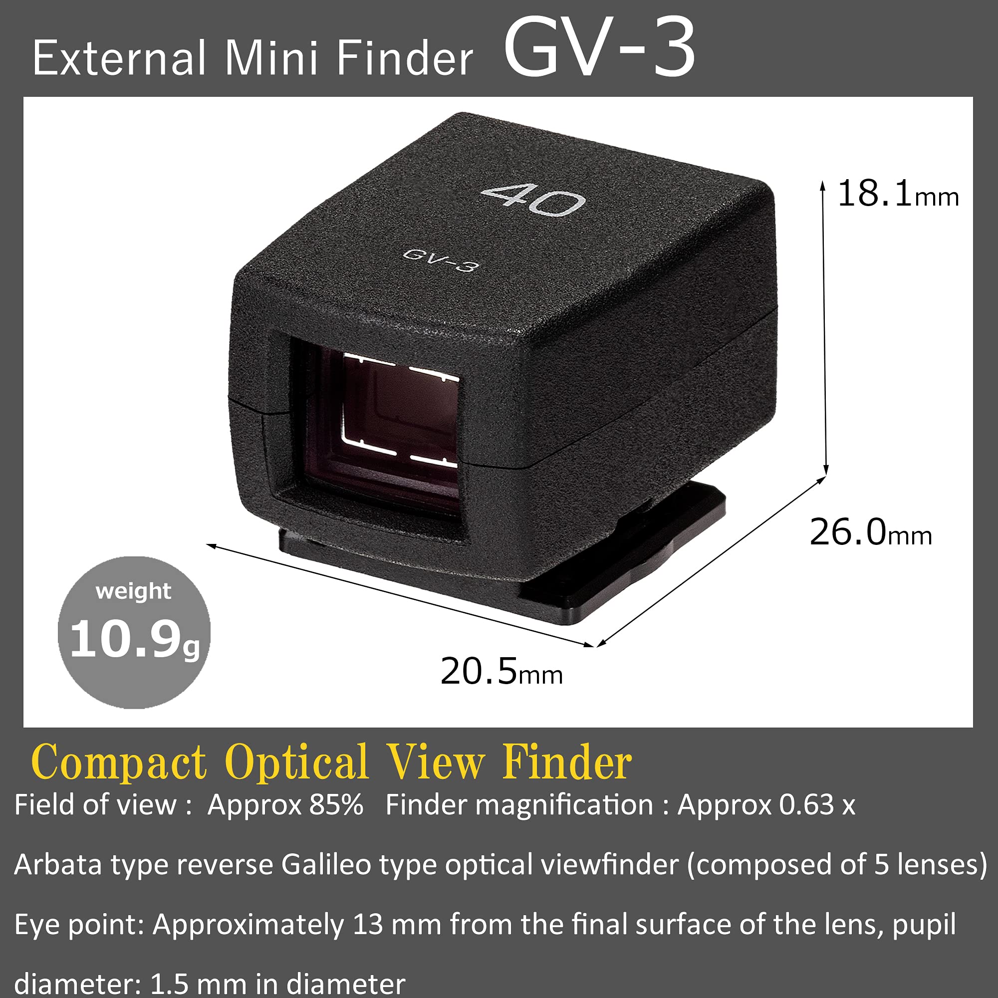 RICOH External Mini Finder GV-3 [Compatible Model: RICOH GR IIIx] [Optical viewfinder with a 40 mm Angle of View Attached to The hot Shoe] [Field of View Approx. 85%] [Manufacturer Warranty 1 Year