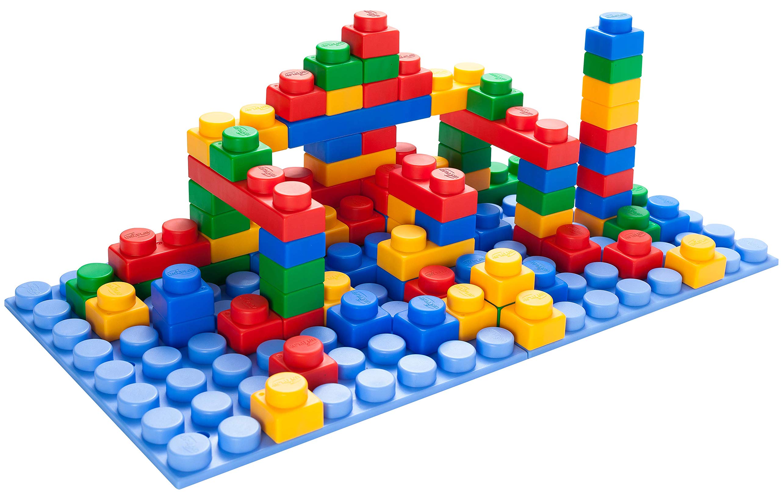 UNiPLAY Platform Soft Building Blocks — Educational Sensory Stacking Blocks, Learning Toy with Four 11 x 11 Inch Base Plates for Ages 3 Months and Up (124-Piece Set)