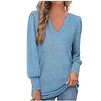 Women's Button Puff Sleeve Knit Warm Tops V-Neck Casual Cozy Sweater Pullover Fall Fashion Solid Color Tunic Shirts