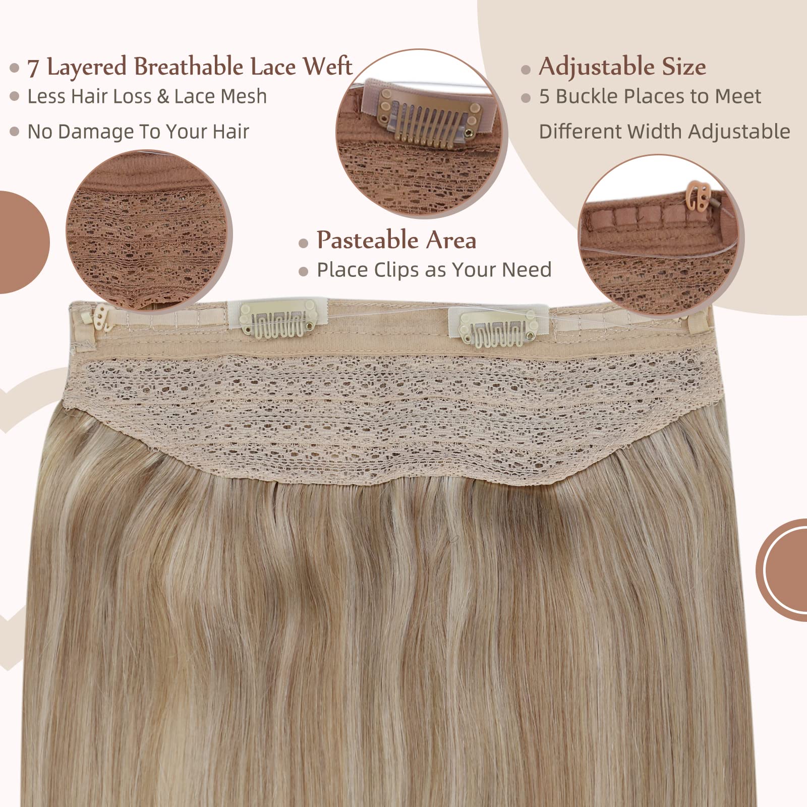 Fshine Invisible Wire Hair Extensions Secret Hairpieces Fish Wire Layered Hair Extensions Human Hair Ash Blonde 18 Highlight Blonde 613 Invisible Hair Extensions Removable Clips 80Gram 16 Inch