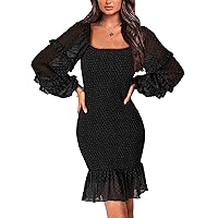 PRETTYGARDEN Womens 2024 Fall Smocked Bodycon Mini Dress Long Sleeve Square Neck Swiss Dot Ruffle Mermaid Elegant Dresses