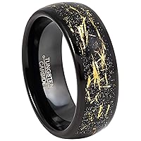 Dome Black Mens Tungsten Carbide Wedding Ring with Sparkly Imitated Meteorite Inlay - 2-tone Gold Flakes Style Inlay Tungsen Anniversary Band