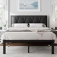 Feonase Full Size Metal Bed Frame with Faux Leather Button Tufted Headboard, Platform Bed Frame with Heavy Duty Metal Slats, 12