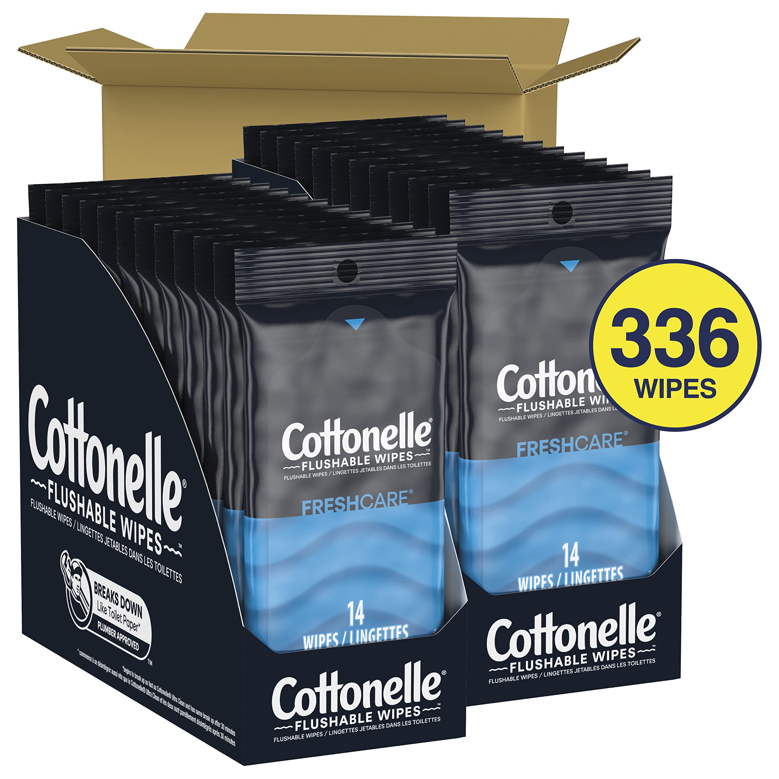 Cottonelle Fresh Care On-The-Go Flushable Wet Wipes, Adult Wet Wipes, 24 On-The-Go Packs, 2 Trays of 12, 14 Wipes per Pack (336 Total Flushable Wipes)