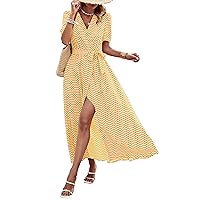 PRETTYGARDEN Women's Summer Wrap Maxi Dress Casual Boho Floral V Neck Short Sleeve Ruffle Hem Split Beach Long Dresses