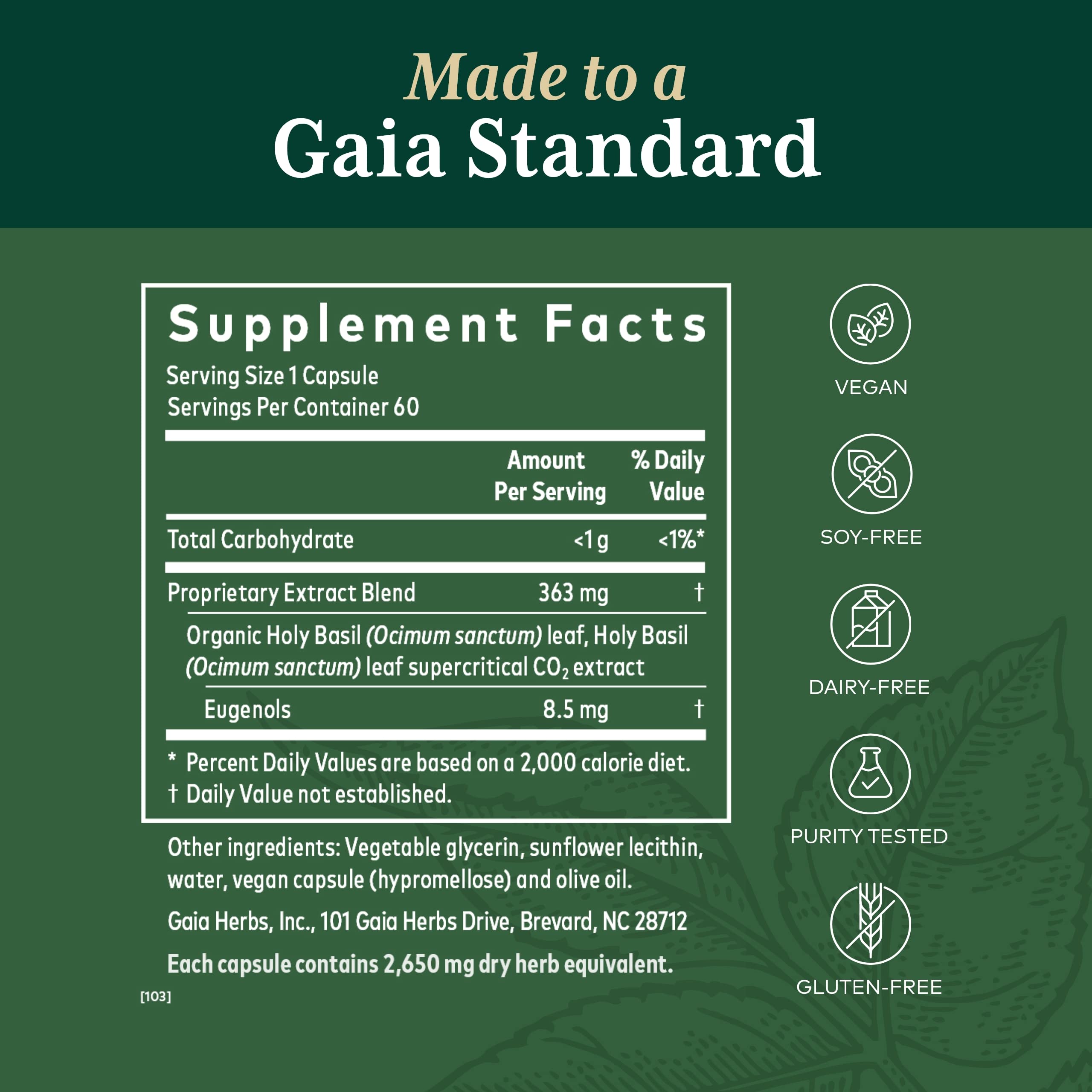 Gaia Herbs Pro Holy Basil Leaf - Stress Support Supplement with Holy Basil - Herbal Supplements to Support a Positive Mindset - 60 Liquid Phyto-Caps