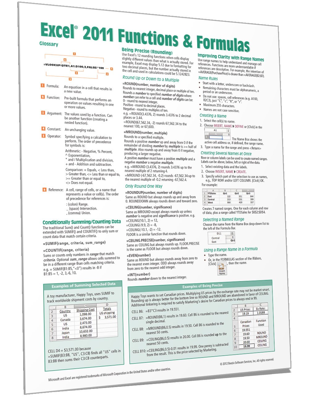 Excel 2011 for Mac: Functions & Formulas Quick Reference Guide (4-page Cheat Sheet focusing on examples and context for intermediate-to-advanced functions and formulas - Laminated Guide)