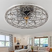 20'' Low Profile Ceiling Fans with Lights and Remote, Flush Mount Modern Lighting Fan, Bladeless Caged Fandelier, 6 Speeds and 3 Colors LED, Farmhouse Enclosed