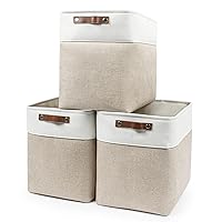 Large Fabric Storage Baskets | 50L Storage Bins, Decorative Linen Closet Baskets with Handles for Organizing, Shelf, Toys, Clothes, Home, Office, Nursery, 17x12x15Inches (Beige&White)