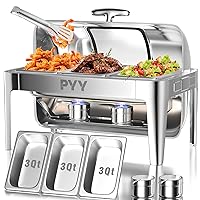 PYY 9 Quart Roll Top Chafing Dish, Rectangular Visible Stainless Steel Chafer for Catering, Commercial Chafer for Wedding, Parties, Banquet, Events(3 Third Pans)