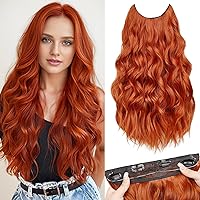 MORICA Invisible Wire Hair Extensions - Copper Red Hair Extensions 20 Inch Halo Hair Extensions Long Wavy Synthetic Hairpiece with Transparent Wire Adjustable Size, 4 Secure Clips for Women
