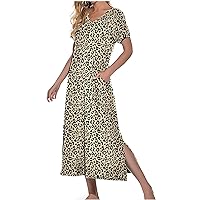 Women's Bohemian Round Neck Trendy Casual Summer Short Sleeve Long Floor Maxi Flowy Beach Swing Dress Print Coffee