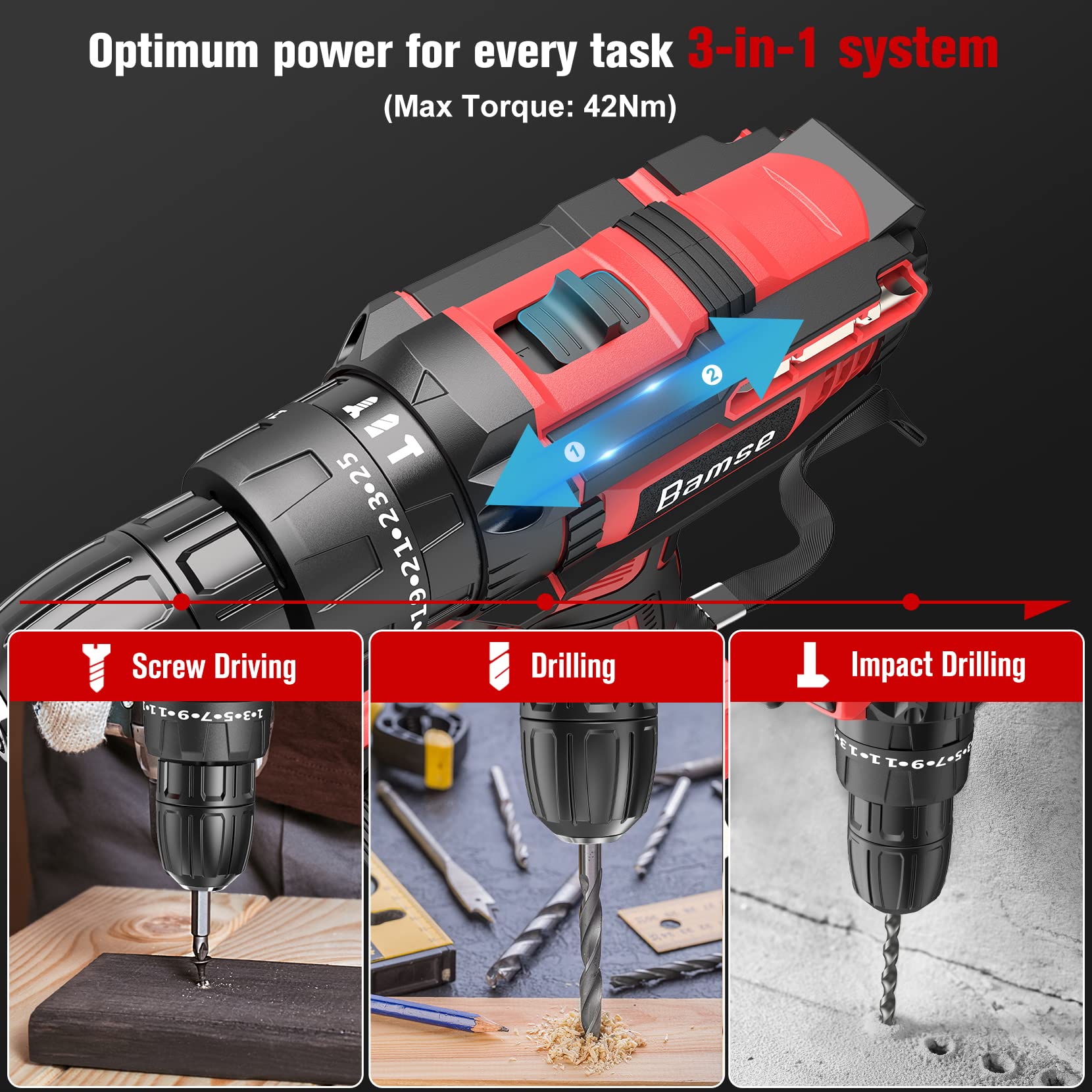 21V Cordless Drill Driver Set, Bamse Power Drill Kit with 2.0AH Battery, Hammer Drill with 372 In-lbs Max, 25+3 Position, 2 Variable Speed, 3/8'' Keyless Chuck, Fast Charger and 23PCS Accessories