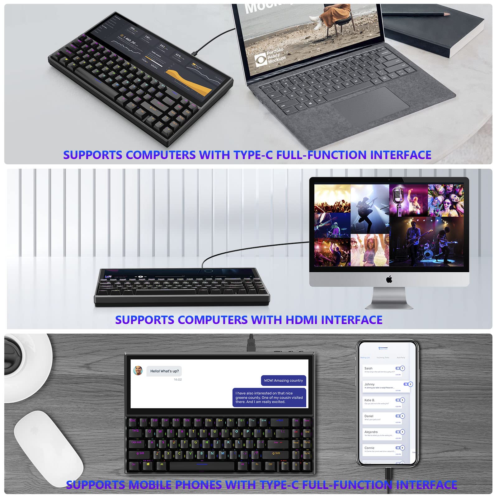 Mechanical Keyboard, Built-in 12.6 Inch Touchscreen, Compact 71 Keys RGB LED Backlit N-Key Multifunctional Split Screen Keyboard for Mac Windows Android - Black