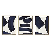 Sylvie Japandi Framed Linen Textured Canvas Wall Art Set by Rocket Jack, Set of 3, 18x24 Blue Art Natural Frame, Decorative Modern Abstract Art Set for Wall