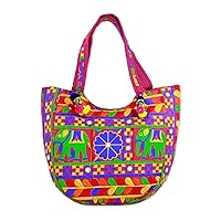 NOVICA Hand Embroidered Tote Handbag Multicolored from India Floral Bollywood Elephant 'Elephant Flower in Fuchsia'