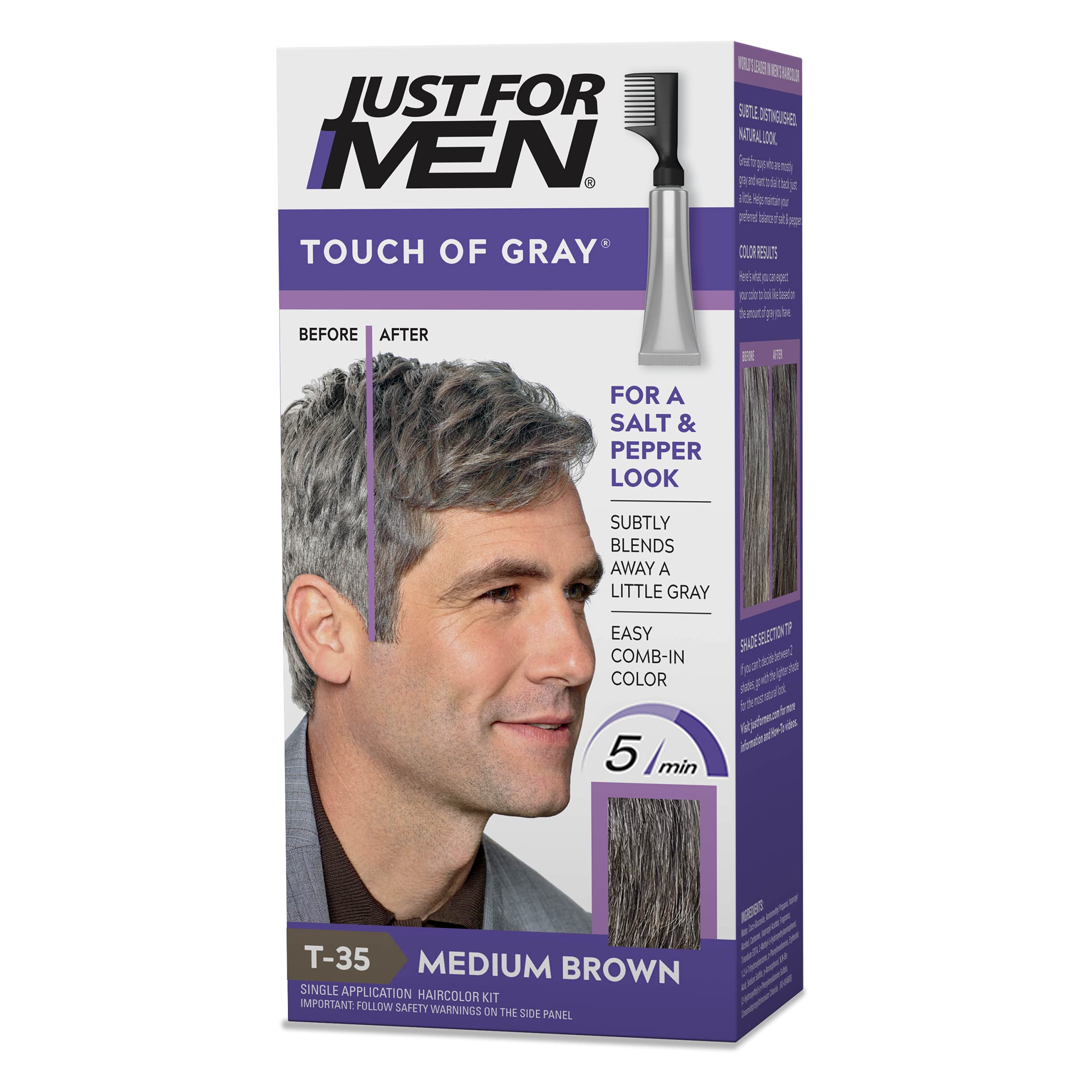Just For Men Touch of Gray, Mens Hair Color Kit with Comb Applicator for Easy Application, Great for a Salt and Pepper Look - Medium Brown, T-35, Pack of 1