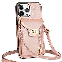 Wallet Case for iPhone 15 Pro Max/15 Pro/15 Plus/15, Leather Case with Card Holder Shoulder Strap RFID Blocking Protective Case,Pink,15 6.1''
