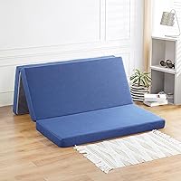 PrimaSleep 4 Inch Tri-Folding Topper, Guest Bed, Sleepover, Dorm Room Bed, Floor Mat, Camping, Easy to Carry, Washable Cover, Narrow Twin (Blue)
