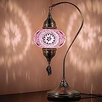 DEMMEX Turkish Moroccan Handmade Colorful Mosaic Gooseneck Table Bedside Lamp Lampshade with Antique Brass Body (Lilac)