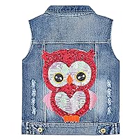 Yao Little Girls Denim Vest Spring Autumn Sequins Owl Vest Coat