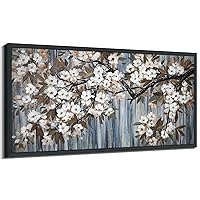 Pogusmavi Large Canvas Wall Art for Living Room Wall Decor Abstract White Flower Tree with Gray Driftwood Artwork Ready to Hang for Bedroom Home Wall Decoration size 29x58 Black Framed