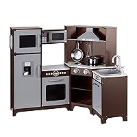 Amazon Basics Kids Corner Wooden Kitchen Toy Playset with Stove, Oven, Sink, Fridge and Accessories, for Toddlers, Preschoolers, Children Age 3+ Years, Espresso/Gray, 39.37