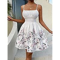 Easter Dress for Women Floral Print Ruched Bust Shirred Cami Dress (Color : White, Size : XS)