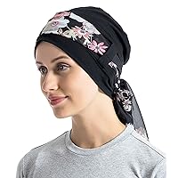 Bamboo Cotton Liner Chemo Headwear for Womenwith Silky Scarfs for Cancer Hair Loss Sleep Caps Beanie