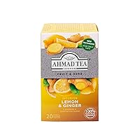 Ahmad Tea - Lemon & Ginger - Fruit and Herbal Tea without Caffeine - Lemon and Ginger - Individually Wrapped, Flavour-Sealed Tea Bags with 2g Tea per Serving - 20 Tea Bags with Ribbon